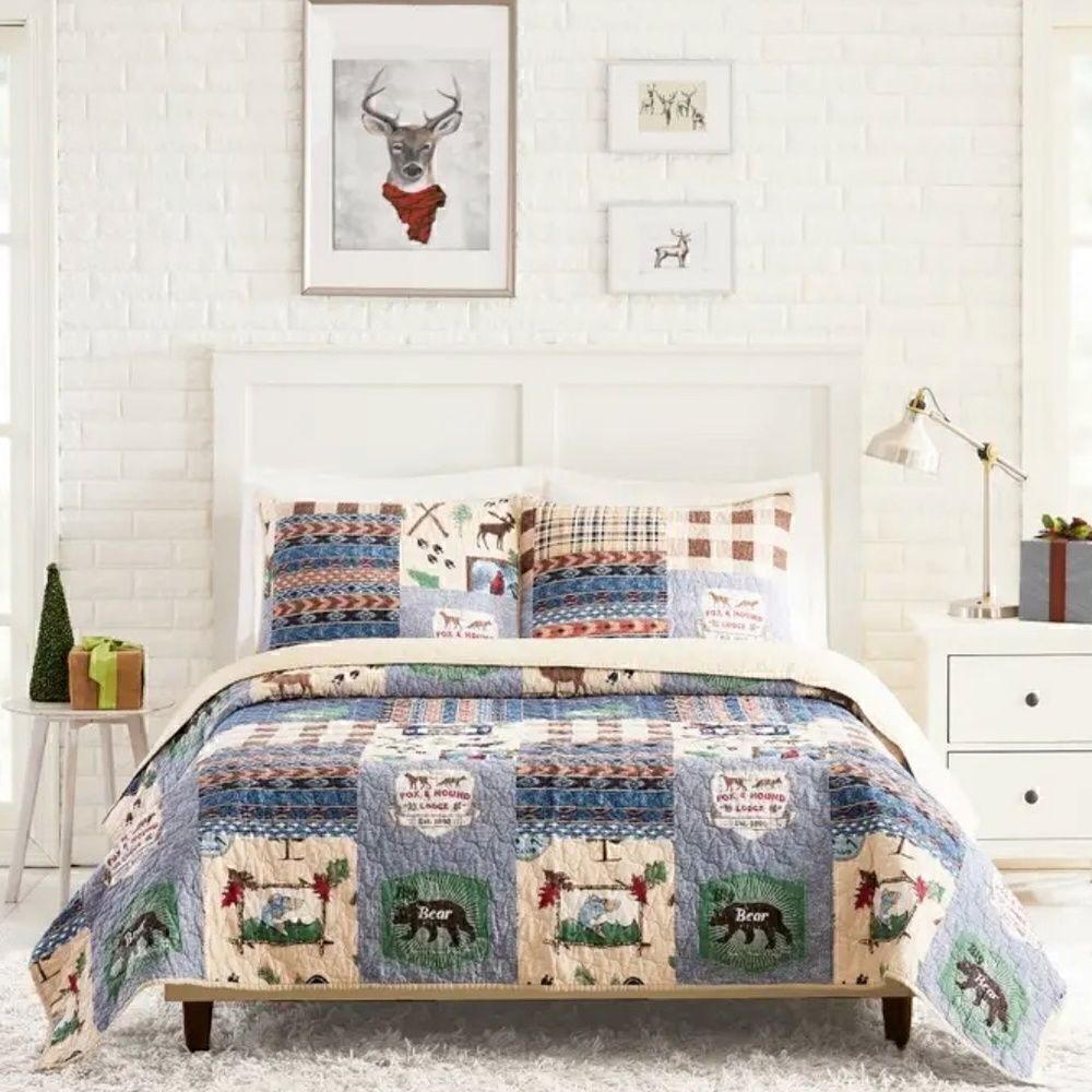 NEW! Wilderness Lodge 100% Cotton KING Quilt Set Cabin Wander Camping Moose Bear